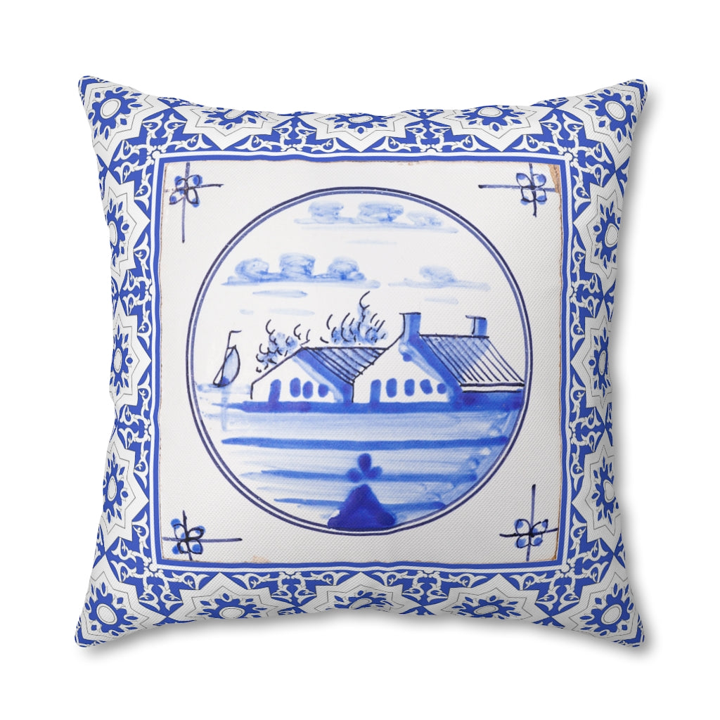 Delft Blue House Pillow Case - Throw Pillow Cover - Grandmillennial Style