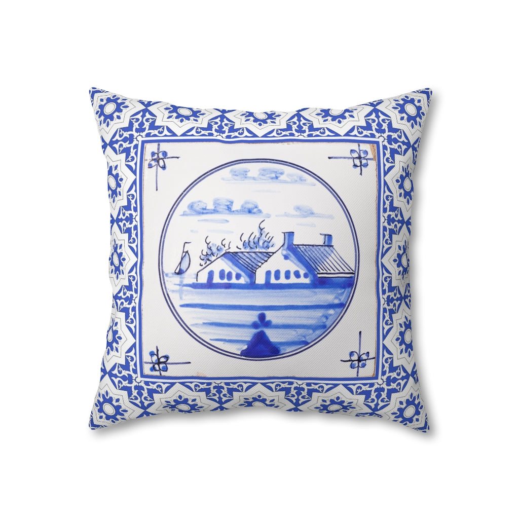 Delft Blue House Pillow Case - Throw Pillow Cover - Grandmillennial Style